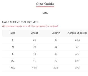 Printing Emotions Tshirt Size Chart